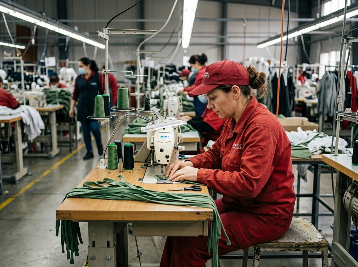 Artisan seamstress stitching textile garments in factory assembly line