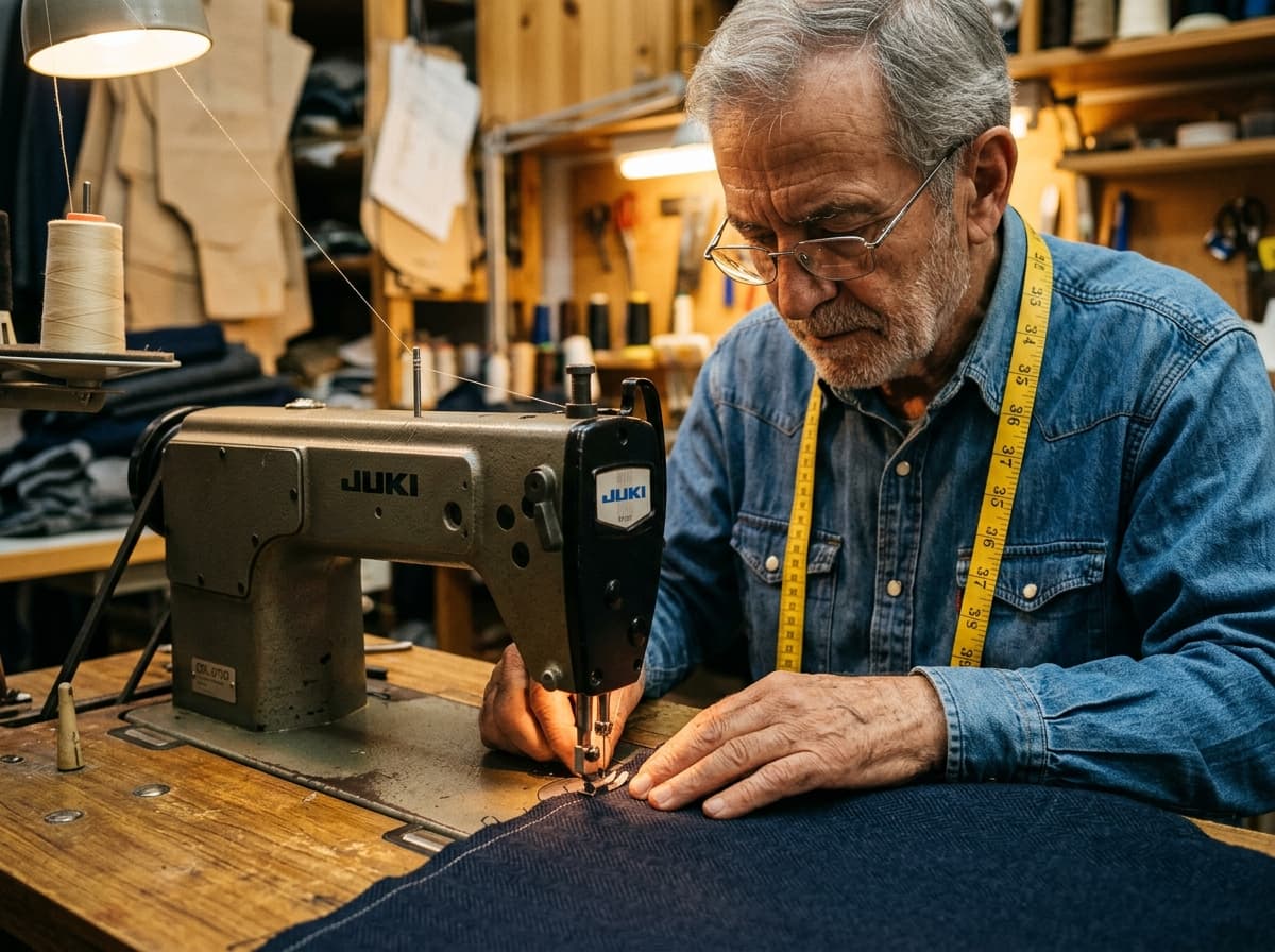 Master tailor craftsman measuring fabric at sewing machine